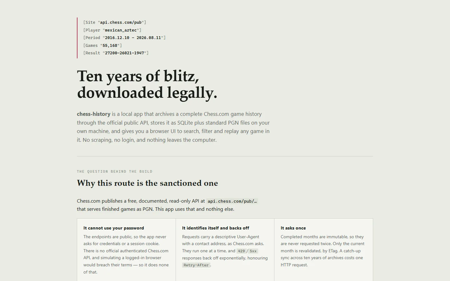 Cover of the chess-history report: a PGN tag-pair block recording 55,168 games and the headline «Ten years of blitz, downloaded legally».